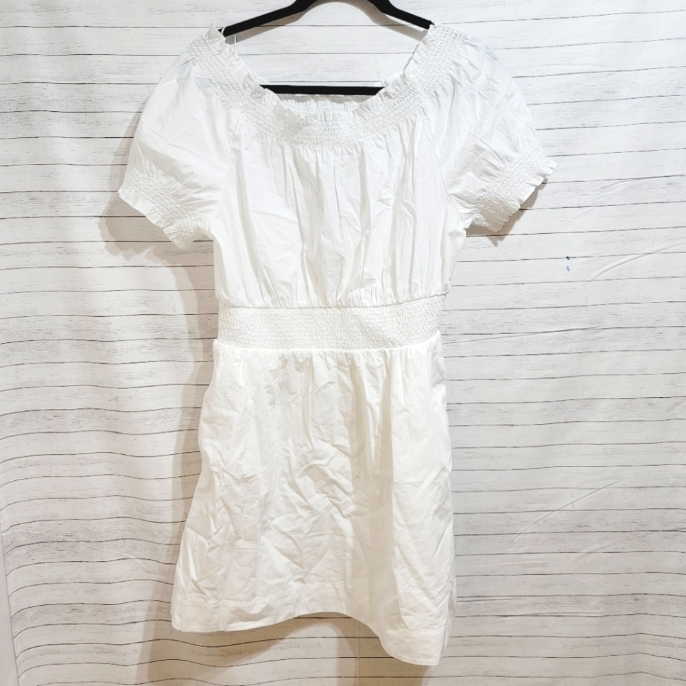 J.Crew White Smocked Puff-Sleeve Cotton Poplin Dress, sz Small